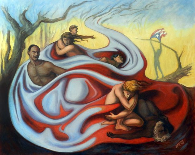 Pintura alegórica que representa figuras en agitación rodeada de formas que simbolizan los vientos destructivos de un huracán. En el fondo, un paisaje refleja la devastación, con una figura solitaria que ondea la bandera de Puerto Rico.