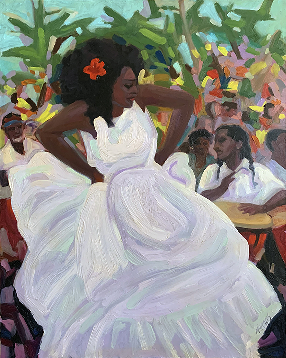 Una mujer con un vestido blanco, bailando bomba con expresión de alegría. En el fondo, se pueden ver figuras de personas y un entorno festivo, simbolizando la cultura y la tradición.