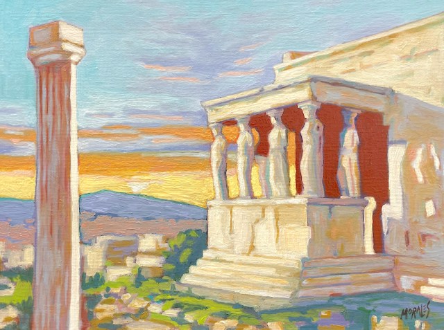 Pintura de un templo antiguo con columnas y figuras, durante un atardecer colorido.