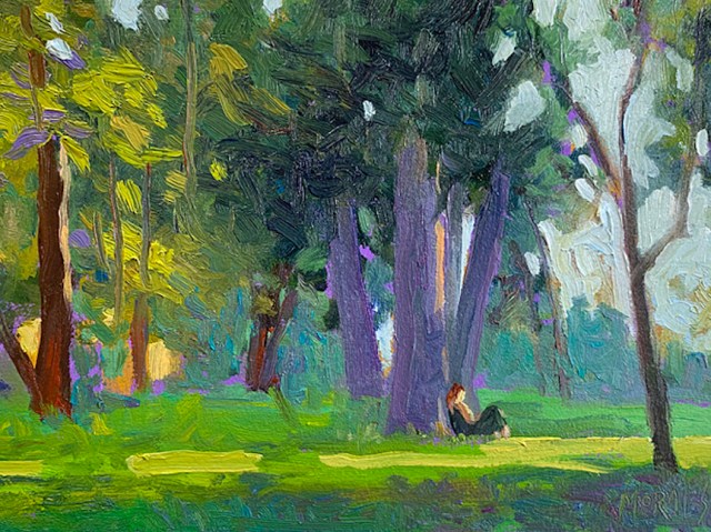 Pintura de un paisaje natural con árboles frondosos y una figura sentada en el césped, bajo la sombra de los árboles.