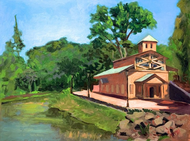 Pintura de un edificio en un entorno natural, junto a un cuerpo de agua, rodeado de árboles y vegetación con un cielo azul claro.