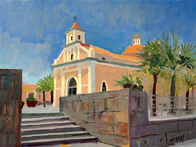 Pintura de un edificio con arquitectura colonial, rodeado de palmeras, bajo un cielo azul claro.