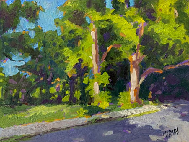 Pintura al óleo que muestra un paisaje verde con árboles grandes y frondosos bajo un cielo azul claro.