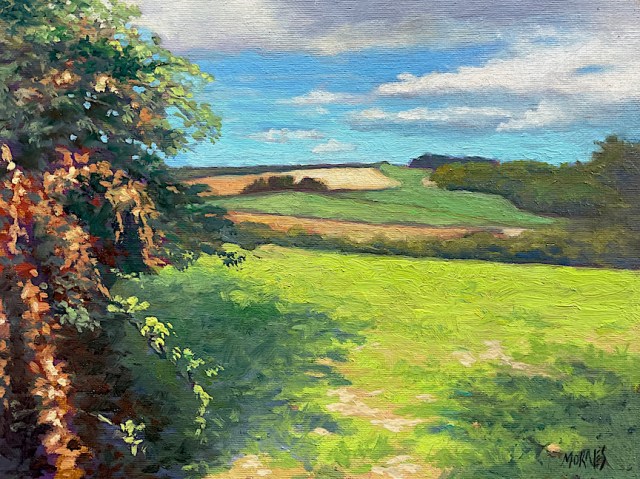 Pintura de un paisaje rural con campos verdes, arbustos y un cielo nublado.