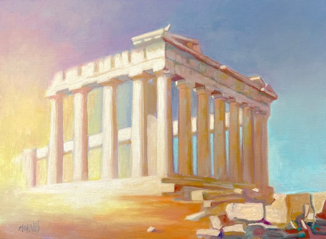 Pintura de la Acrópolis con un enfoque luminoso y colorido, resaltando columnas y ruinas de El Partenón..