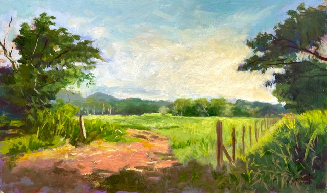 Pintura de un paisaje rural con cielo claro, árboles verdes y un campo abierto, rodeado por un cerco de madera.