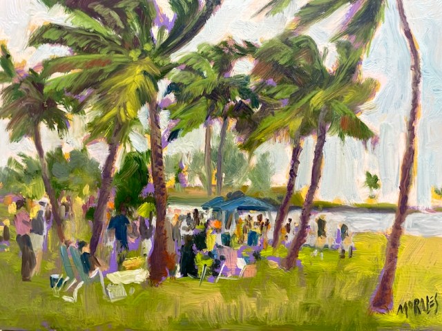 Pintura que muestra un grupo de personas disfrutando al aire libre bajo palmeras en la playa, con una atmósfera festiva y relajada.