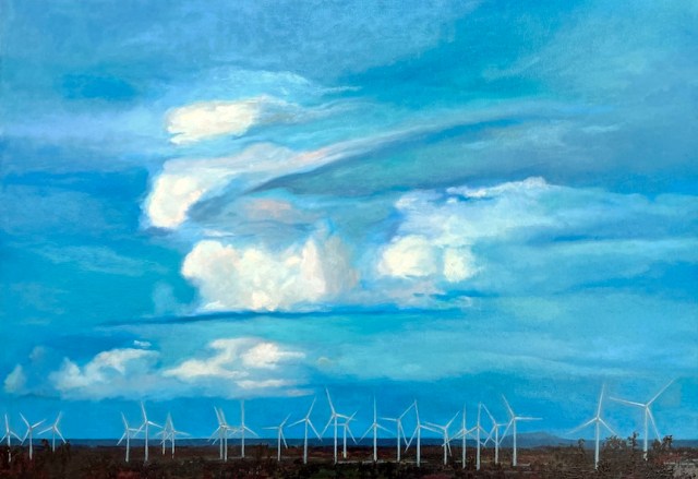 Pintura de un paisaje con molinos de viento en el horizonte bajo un cielo azul con nubes blancas