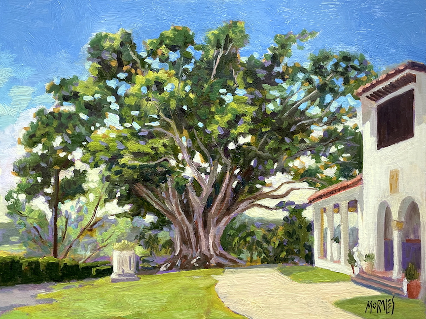 Pintura de un gran árbol frondoso en un paisaje luminoso, con un edificio blanco a la derecha y un sendero curvado en el suelo.