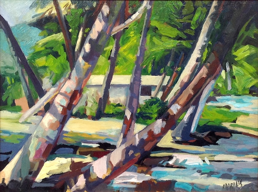 Pintura que muestra palmeras playeras, con un fondo de vegetación y un claro río, evocando un ambiente sereno y tropical.