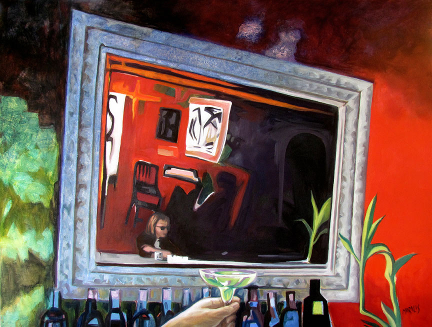 Una pintura que muestra un espejo decorativo enmarcado, reflejando un ambiente interior con una figura sentada y una copa en primer plano, resaltando el contraste de colores y luces.