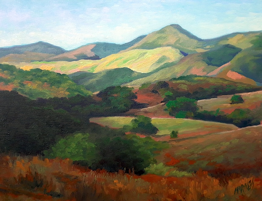 Pintura al óleo de un paisaje montañoso con colinas verdes y un cielo claro, evocando un ambiente natural y sereno.