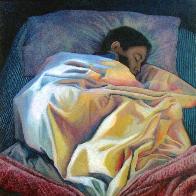 Pintura de un niño durmiendo envuelto en sábanas de colores, mostrando ternura y tranquilidad.