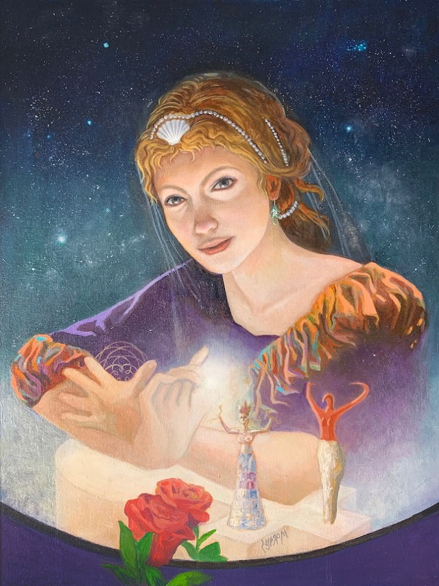 Pintura de una mujer sonriente con cabello ondulado, vestida con una blusa morada y mangas decorativas, sosteniendo una luz brillante en sus manos. En el fondo oscuro con estrellas, hay figuras de danza y una rosa roja en primer plano.