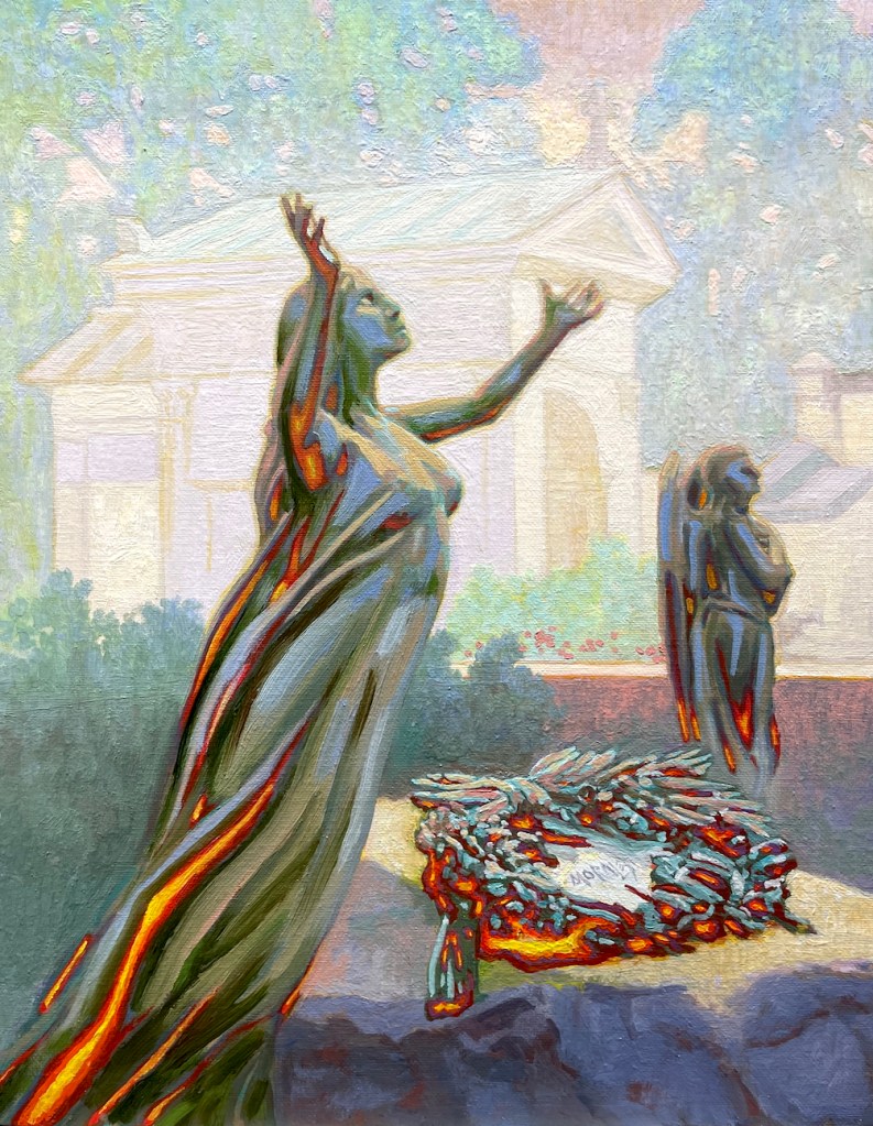 Escultura en un cementerio de una figura femenina con los brazos en alto, expresando emoción, en un entorno sereno con árboles y arquitectura de fondo, representando conceptos de belleza y armonía.