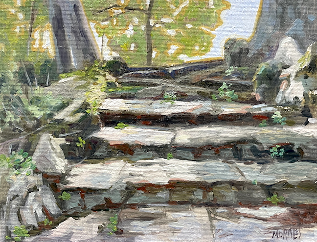 Pintura que representa una serie de escalones de piedra rodeados por vegetación, con árboles y luz natural filtrándose a través de las hojas.