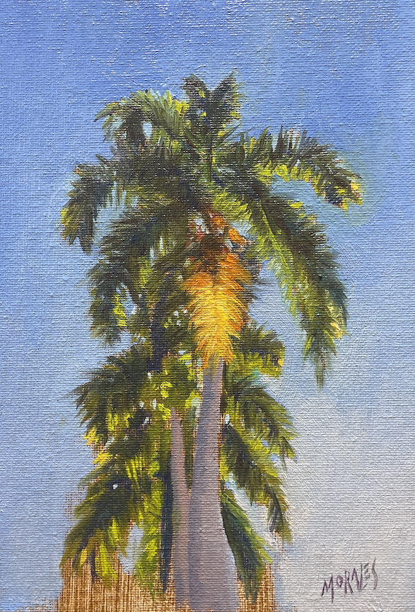 Pintura de dos palmeras con un cielo azul de fondo.