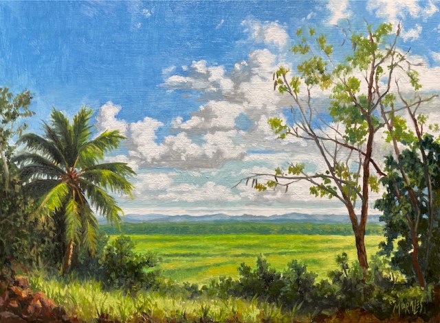 Paisaje natural con campos verdes y árboles, bajo un cielo azul y nubes esponjosas.